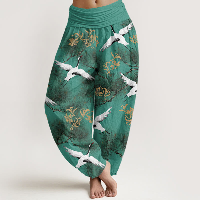Pantalon Buddha Stones décontracté à taille élastique pour femme, motif grue à couronne rouge et pin - Vert mer moyen - US22，UK/AU26，EU54 (6XL) - image 0