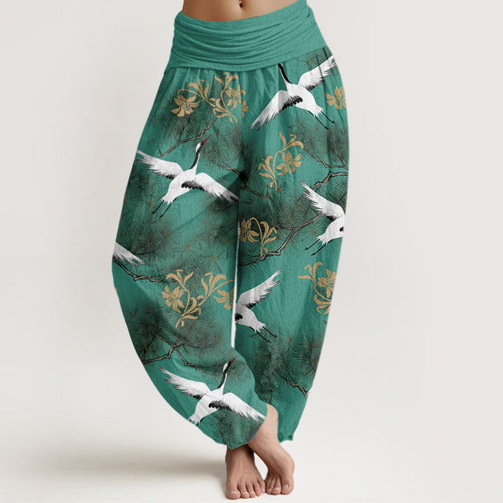 Pantalon Buddha Stones décontracté à taille élastique pour femme, motif grue à couronne rouge et pin - Vert mer moyen - US22，UK/AU26，EU54 (6XL) - image 0