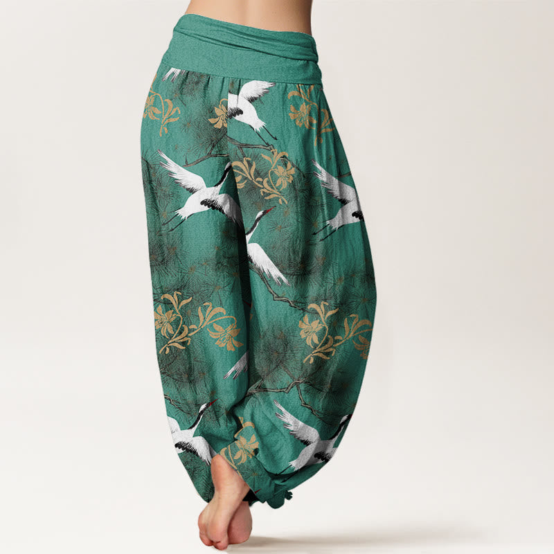 Pantalon Buddha Stones décontracté à taille élastique pour femme, motif grue à couronne rouge et pin - image 3