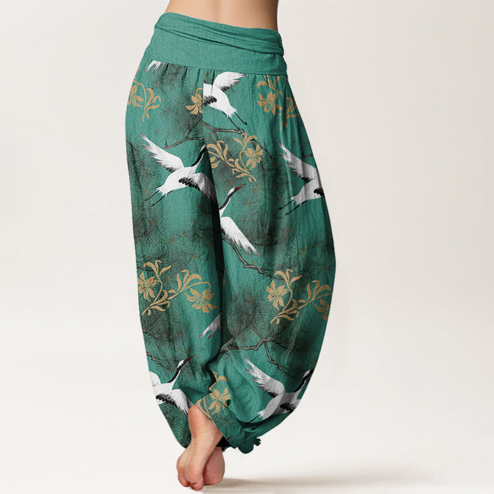 Pantalon Buddha Stones décontracté à taille élastique pour femme, motif grue à couronne rouge et pin - image 3