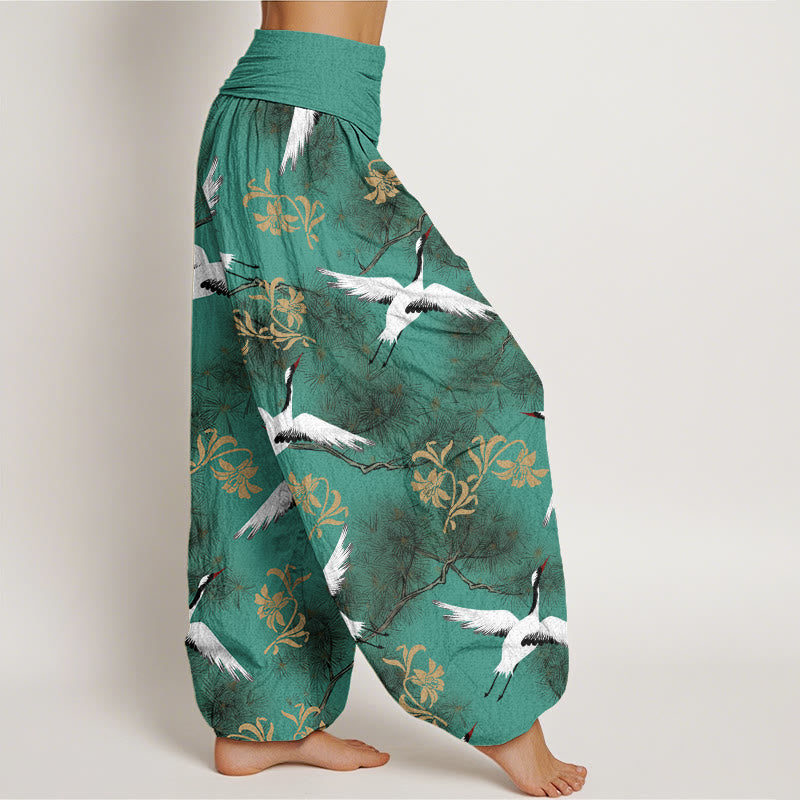 Pantalon Buddha Stones décontracté à taille élastique pour femme, motif grue à couronne rouge et pin - image 2