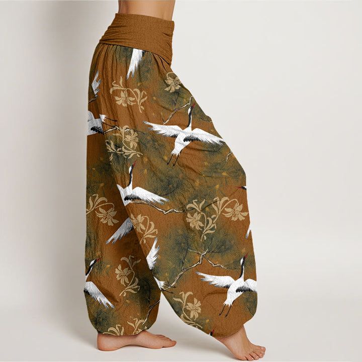 Pantalon Buddha Stones décontracté à taille élastique pour femme, motif grue à couronne rouge et pin - image 6