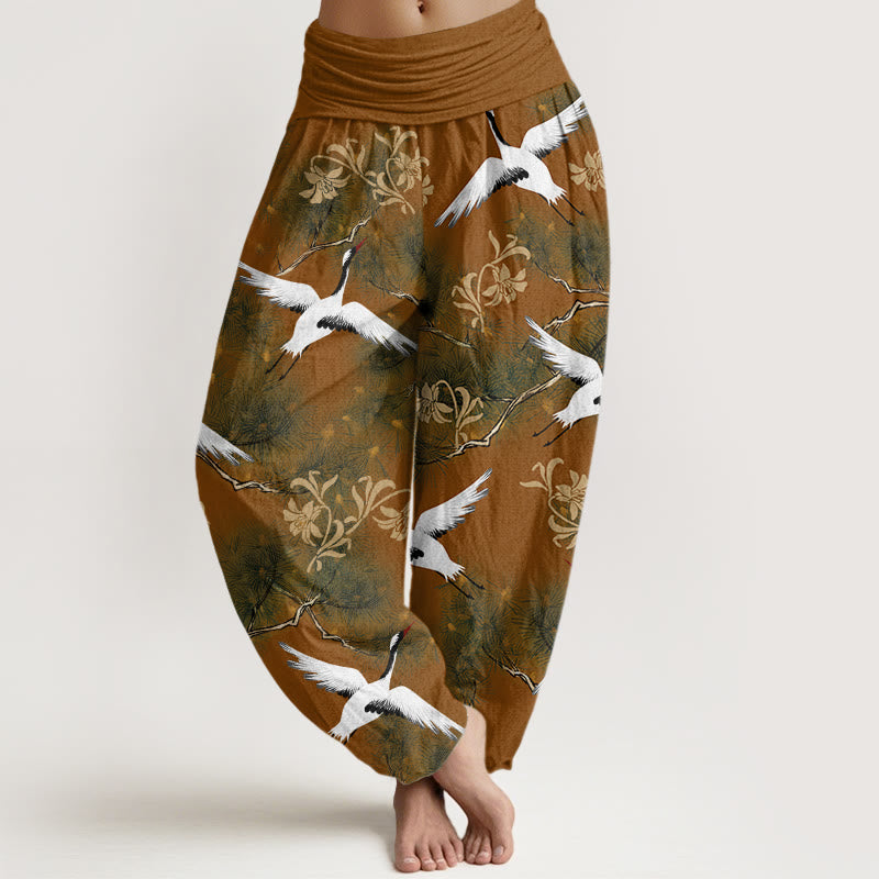Pantalon Buddha Stones décontracté à taille élastique pour femme, motif grue à couronne rouge et pin - Pérou - US22，UK/AU26，EU54 (6XL) - image 5