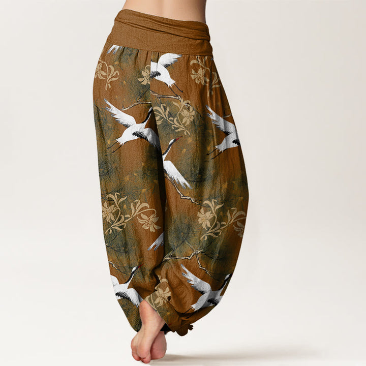 Pantalon Buddha Stones décontracté à taille élastique pour femme, motif grue à couronne rouge et pin - image 7