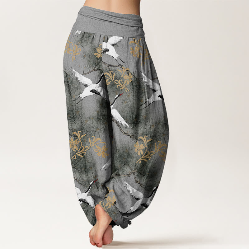 Pantalon Buddha Stones décontracté à taille élastique pour femme, motif grue à couronne rouge et pin - image 10