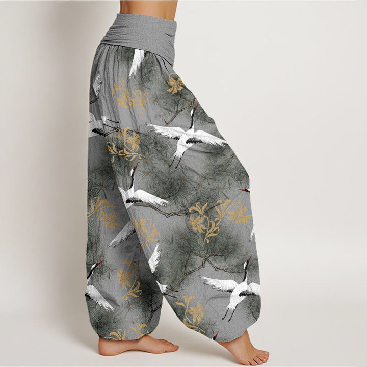 Pantalon Buddha Stones décontracté à taille élastique pour femme, motif grue à couronne rouge et pin - image 9