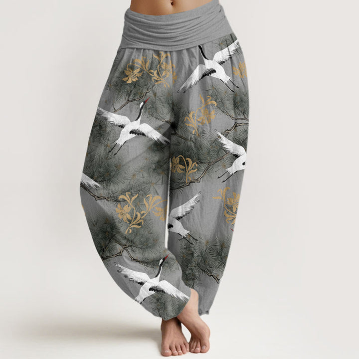 Pantalon Buddha Stones décontracté à taille élastique pour femme, motif grue à couronne rouge et pin - Gris - US22，UK/AU26，EU54 (6XL) - image 7
