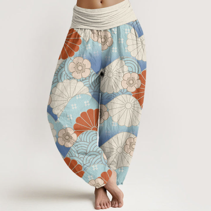 Pantalon harem à taille élastique pour femme, en coton décontracté à motif abstrait de pétales et de vagues, avec Buddha Stones - FloralWhite - US22，UK/AU26，EU54 (6XL) - image 0
