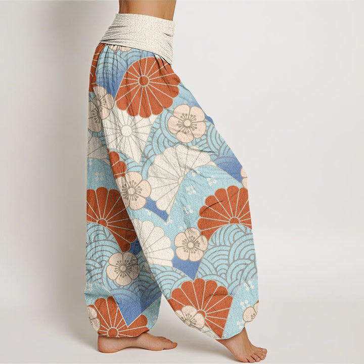Pantalon harem à taille élastique pour femme, en coton décontracté à motif abstrait de pétales et de vagues, avec Buddha Stones - image 1