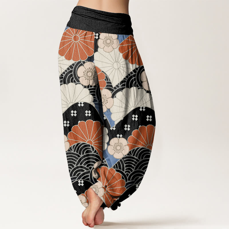 Pantalon harem à taille élastique pour femme, en coton décontracté à motif abstrait de pétales et de vagues, avec Buddha Stones - image 9