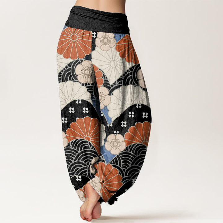 Pantalon harem à taille élastique pour femme, en coton décontracté à motif abstrait de pétales et de vagues, avec Buddha Stones - image 9