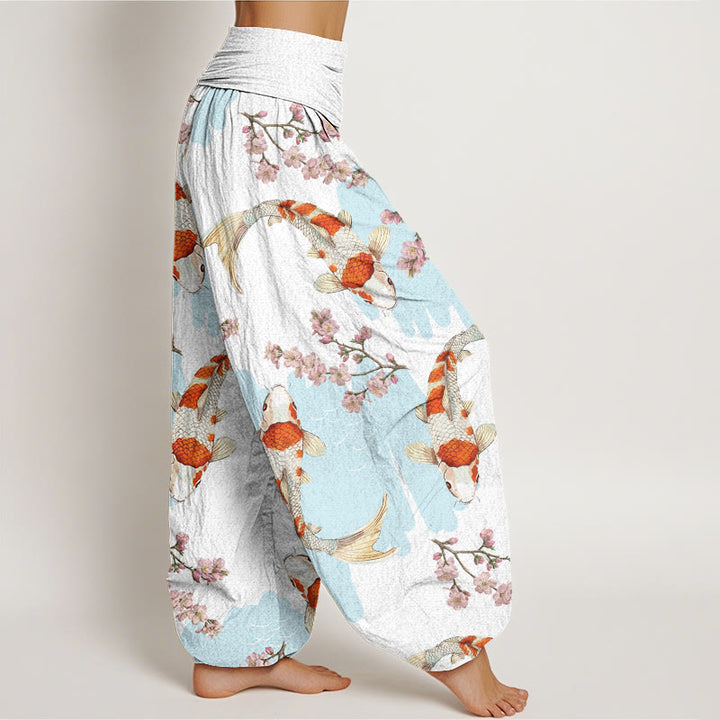 Pantalon harem Buddha Stones en coton à motif de carpes koï et de fleurs de cerisier, taille élastique, pour femme - image 1