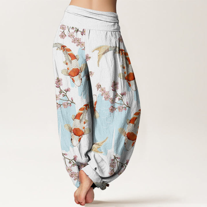 Pantalon harem Buddha Stones en coton à motif de carpes koï et de fleurs de cerisier, taille élastique, pour femme - image 2