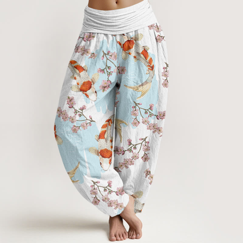 Pantalon harem Buddha Stones en coton à motif de carpes koï et de fleurs de cerisier, taille élastique, pour femme - Blanc - US22，UK/AU26，EU54 (6XL) - image 0