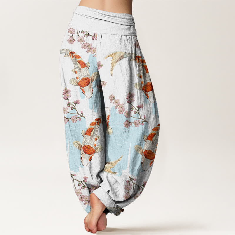 Pantalon harem Buddha Stones en coton à motif de carpes koï et de fleurs de cerisier, taille élastique, pour femme - image 2