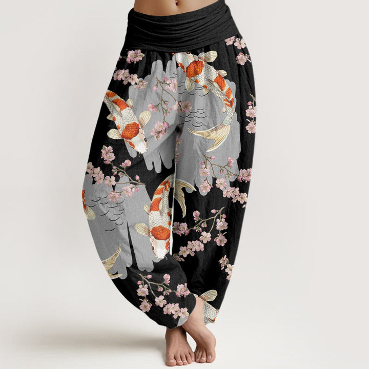 Pantalon Buddha Stones décontracté à taille élastique pour femme, motif poisson koï et fleurs de cerisier - Noir - US22，UK/AU26，EU54 (6XL) - image 4