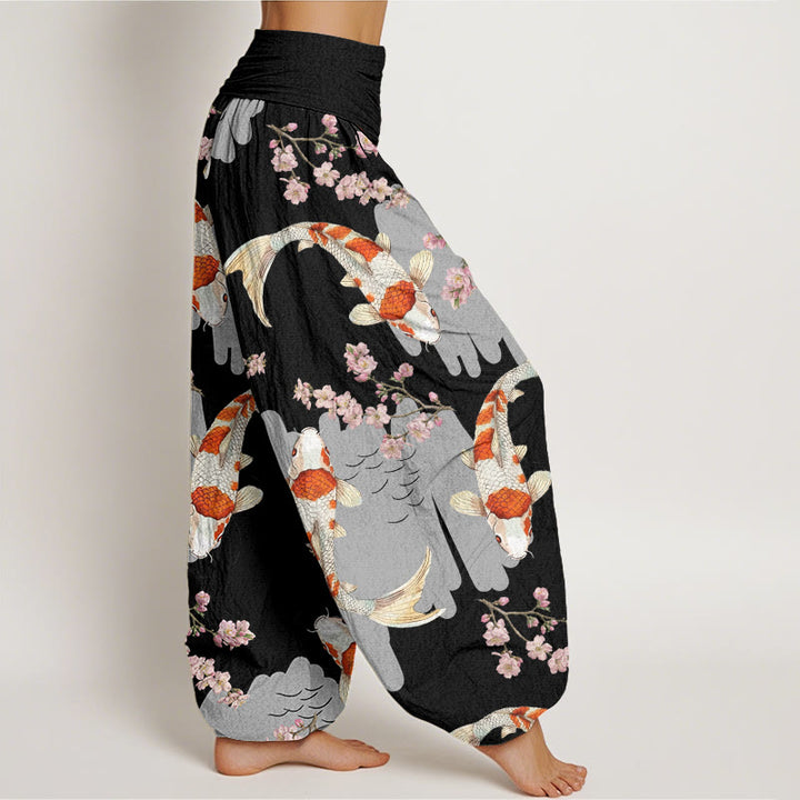 Pantalon harem Buddha Stones en coton à motif de carpes koï et de fleurs de cerisier, taille élastique, pour femme - image 5