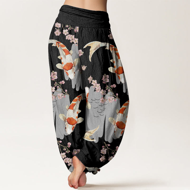 Pantalon Buddha Stones décontracté à taille élastique pour femme, motif poisson koï et fleurs de cerisier - image 6