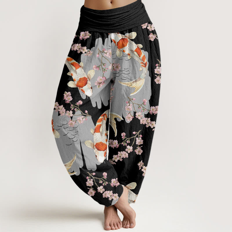 Pantalon harem Buddha Stones en coton à motif de carpes koï et de fleurs de cerisier, taille élastique, pour femme - Noir - US22，UK/AU26，EU54 (6XL) - image 4