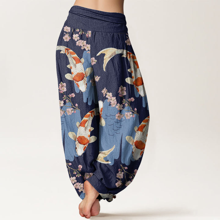 Pantalon harem Buddha Stones en coton à motif de carpes koï et de fleurs de cerisier, taille élastique, pour femme - image 9