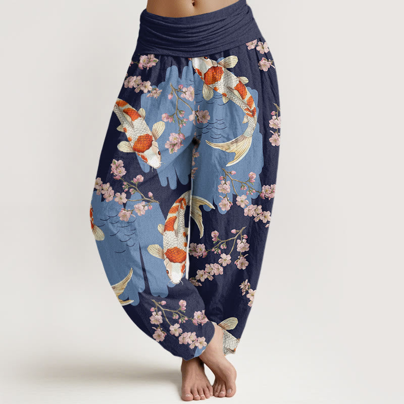 Pantalon harem Buddha Stones en coton à motif de carpes koï et de fleurs de cerisier, taille élastique, pour femme - Bleu nuit - US22，UK/AU26，EU54 (6XL) - image 7