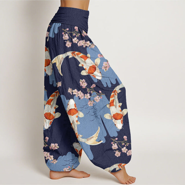 Pantalon Buddha Stones décontracté à taille élastique pour femme, motif poisson koï et fleurs de cerisier - image 8