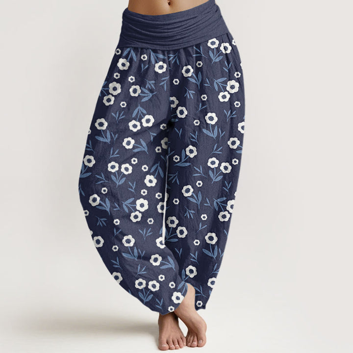 Pantalon sarouel décontracté à taille élastique pour femme, motif fleurs et feuilles, Buddha Stones - Bleu foncé - US22，UK/AU26，EU54 (6XL) - image 4