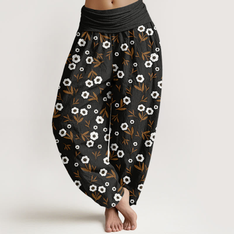 Pantalon harem femme en coton à taille élastique, motif fleurs et feuilles, style décontracté et simple, Buddha Stones - Noir - US22，UK/AU26，EU54 (6XL) - image 7