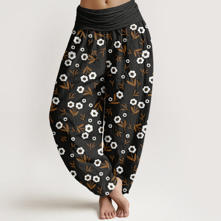 Pantalon harem femme en coton à taille élastique, motif fleurs et feuilles, style décontracté et simple, Buddha Stones - Noir - US22，UK/AU26，EU54 (6XL) - image 7