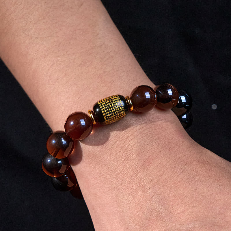 Bracelet Courage en obsidienne glacée et sanskrit estampillé or Buddha Stones