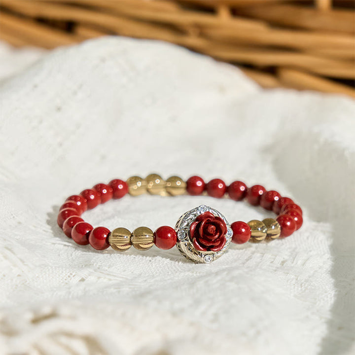 Bracelet calme en perles de coquillage rouge et pétales de rose, Buddha Stones, angora cinabre - image 3
