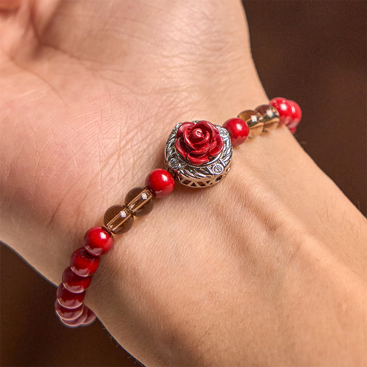 Bracelet calme en perles de coquillage rouge et pétales de rose, Buddha Stones, angora cinabre - image 5