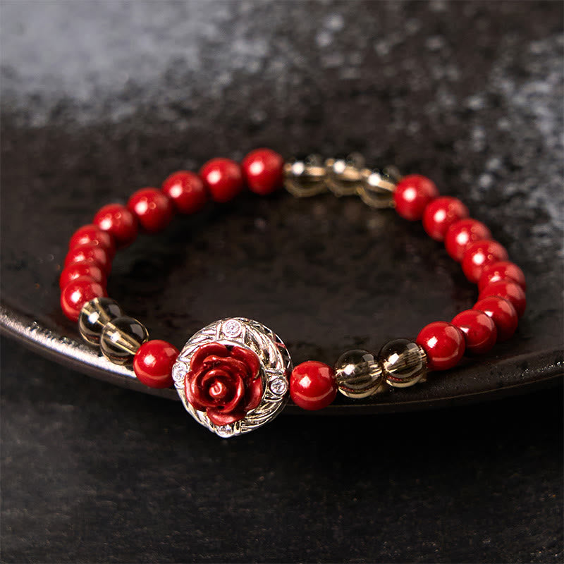 Bracelet calme en perles de coquillage rouge et pétales de rose, Buddha Stones, angora cinabre - Cinabre (circonférence du poignet : 15-17 cm) - image 1