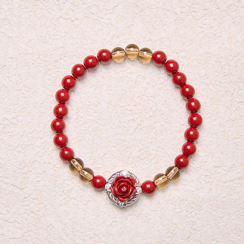 Bracelet calme en perles de coquillage rouge et pétales de rose, Buddha Stones, angora cinabre - image 4