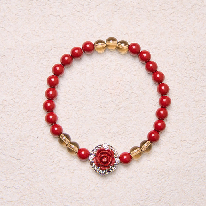 Bracelet calme en perles de coquillage rouge et pétales de rose, Buddha Stones, angora cinabre - image 4