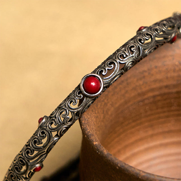 Bracelet porte-bonheur vintage en cuivre et agate rouge gravée, motif floral, dynastie Tang - image 11