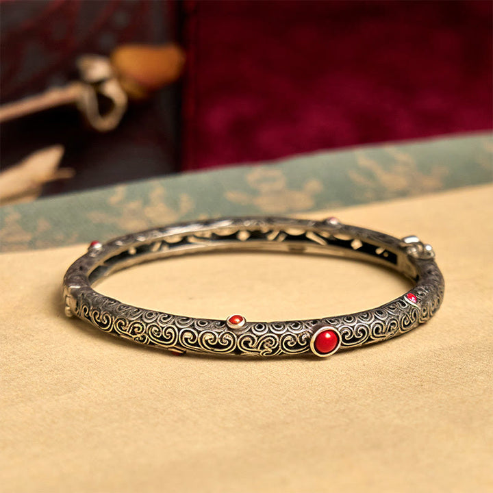 Bracelet porte-bonheur vintage en cuivre et agate rouge gravée, motif floral, dynastie Tang - image 2