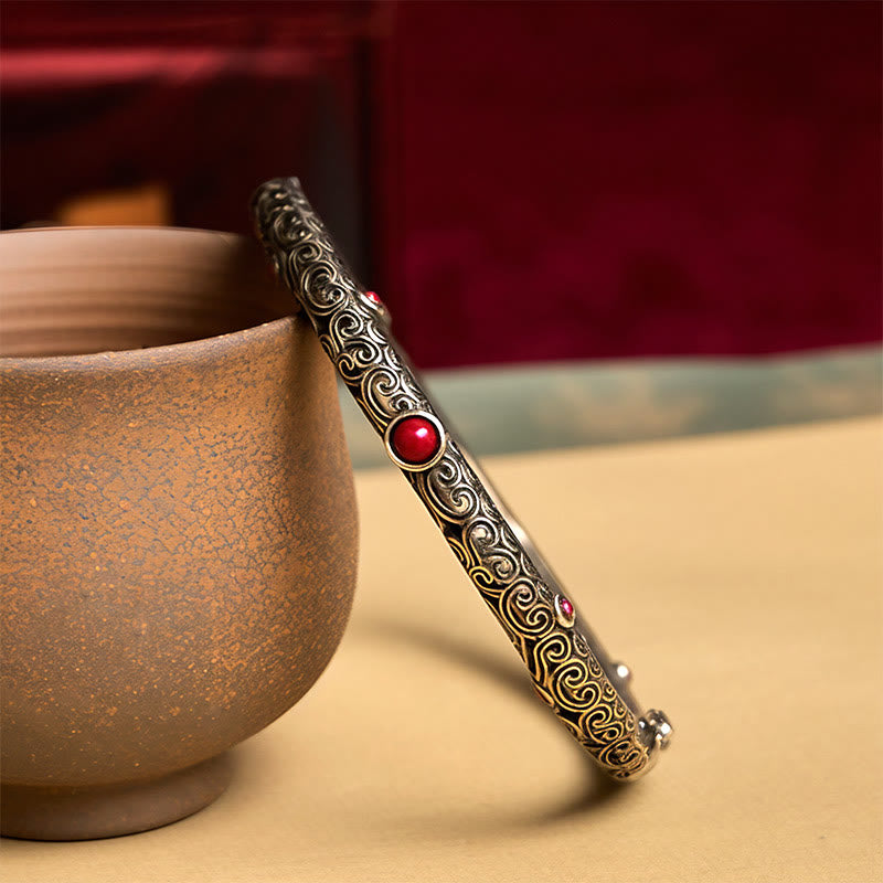 Bracelet porte-bonheur vintage en cuivre et agate rouge gravée, motif floral, dynastie Tang - image 1