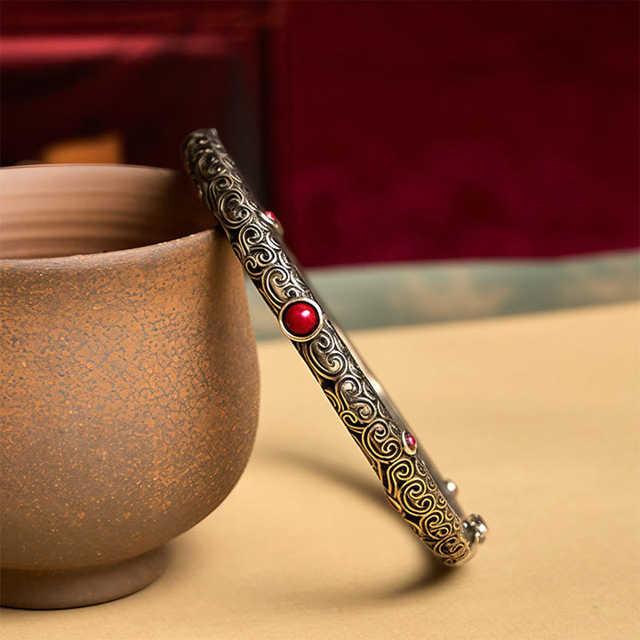 Bracelet porte-bonheur vintage en cuivre et agate rouge gravée, motif floral, dynastie Tang - image 1