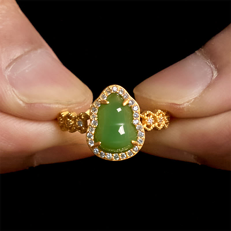 Bague de richesse réglable en or plaqué cuivre et calcédoine verte vintage Buddha Stones