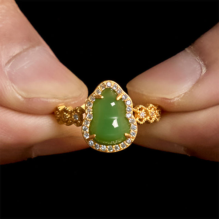 Bague de richesse réglable en or plaqué cuivre et calcédoine verte vintage Buddha Stones