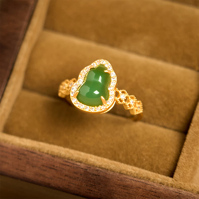Bague de richesse réglable en or plaqué cuivre et calcédoine verte vintage Buddha Stones