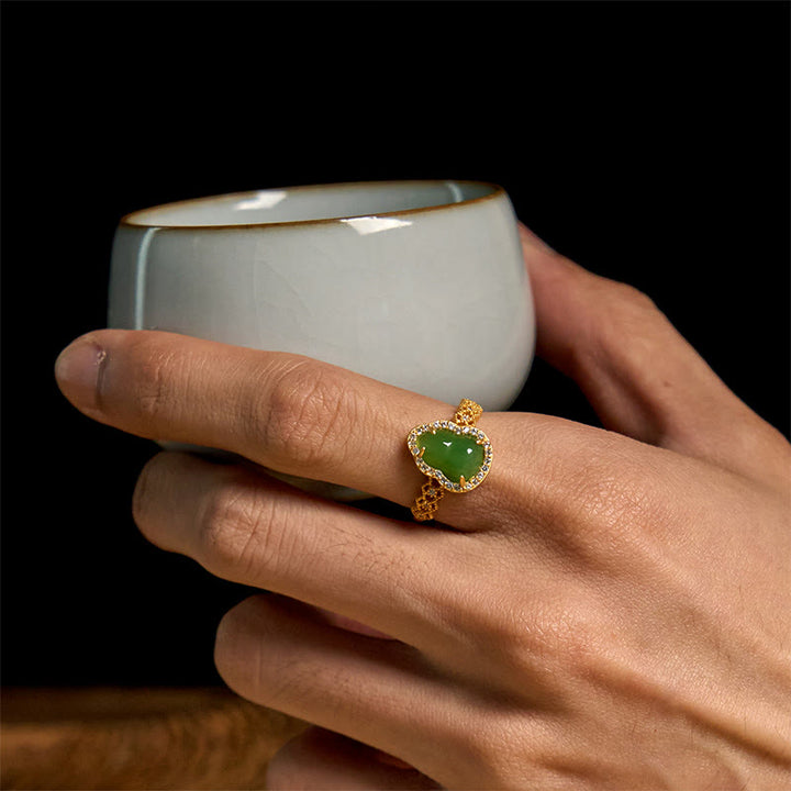 Bague de richesse réglable en or plaqué cuivre et calcédoine verte vintage Buddha Stones