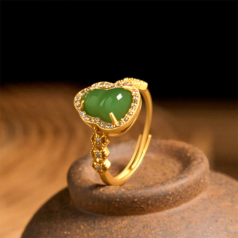 Bague de richesse réglable en or plaqué cuivre et calcédoine verte vintage Buddha Stones