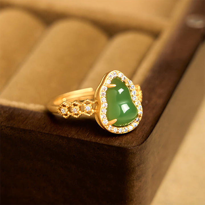 Bague de richesse réglable en or plaqué cuivre et calcédoine verte vintage Buddha Stones