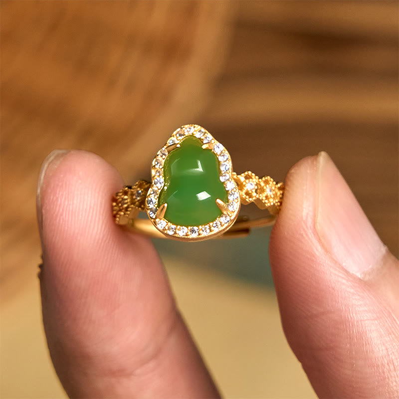 Bague de richesse réglable en or plaqué cuivre et calcédoine verte vintage Buddha Stones
