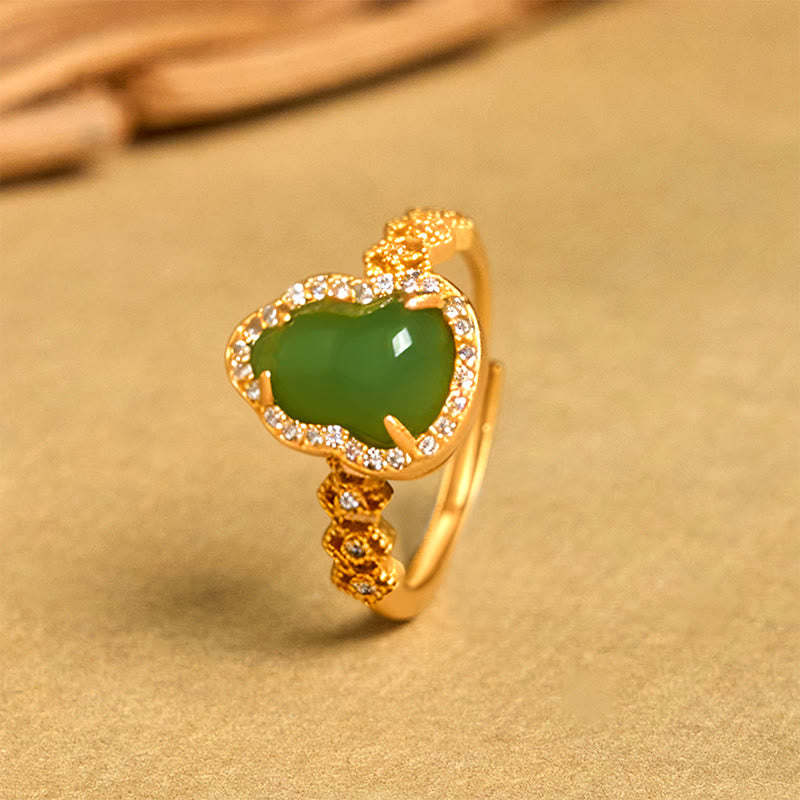 Bague de richesse réglable en or plaqué cuivre et calcédoine verte vintage Buddha Stones