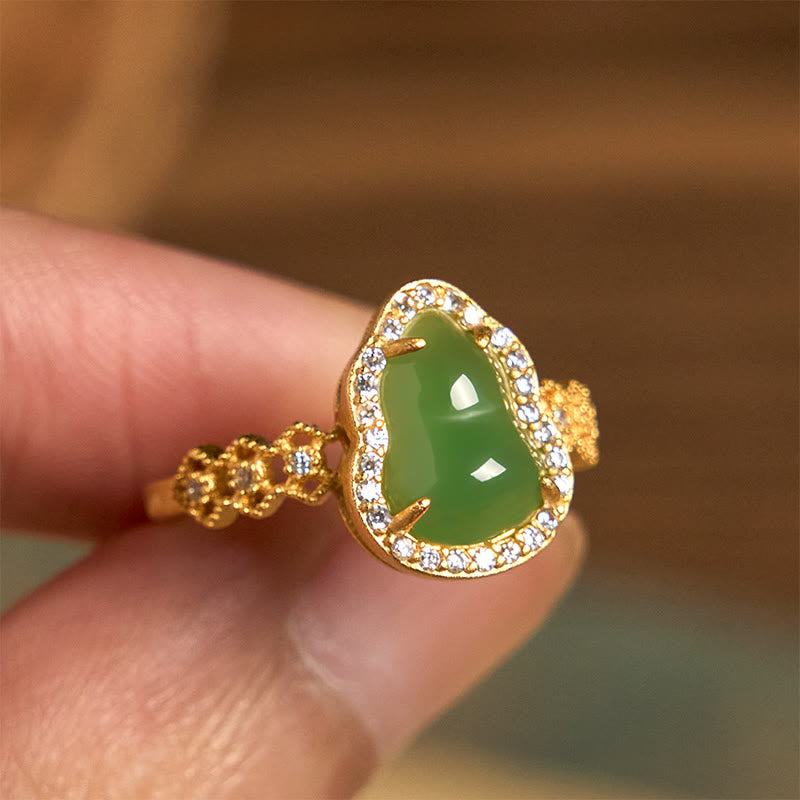 Bague de richesse réglable en or plaqué cuivre et calcédoine verte vintage Buddha Stones