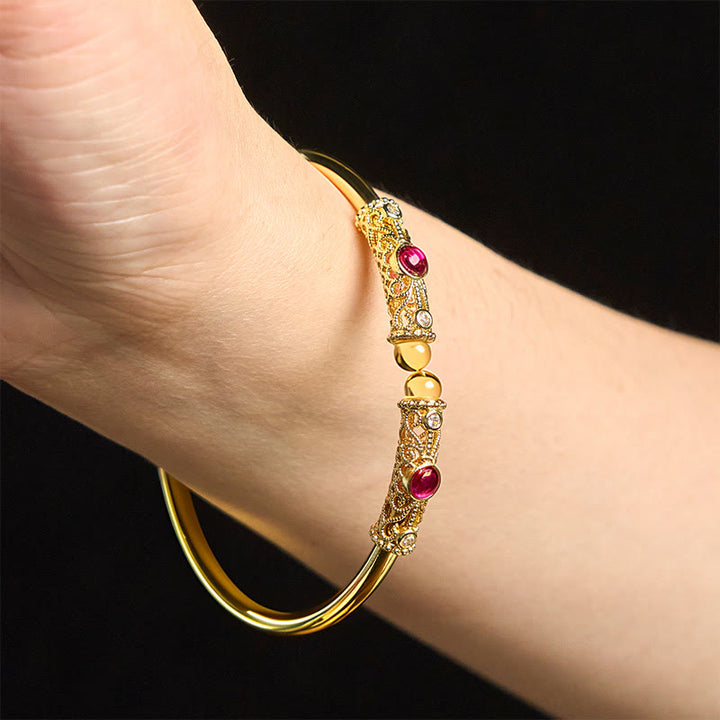 Bracelet manchette porte-bonheur en cuivre et ambre Buddha Stones et motif de fleurs dorées, zircon rouge - image 12