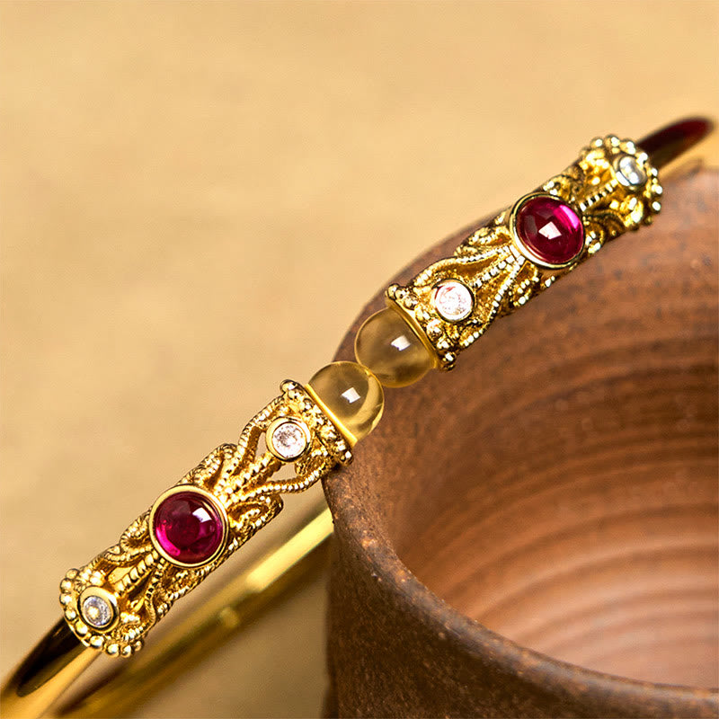 Bracelet manchette porte-bonheur en cuivre et ambre Buddha Stones et motif de fleurs dorées, zircon rouge - image 5